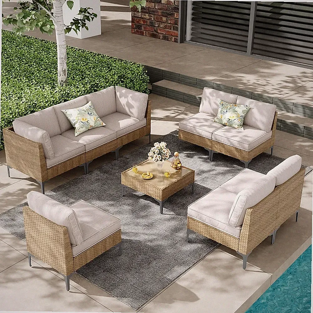 9-Piece Outdoor Patio Furniture Set, All-Weather Wicker Sectional Sofa with Coff