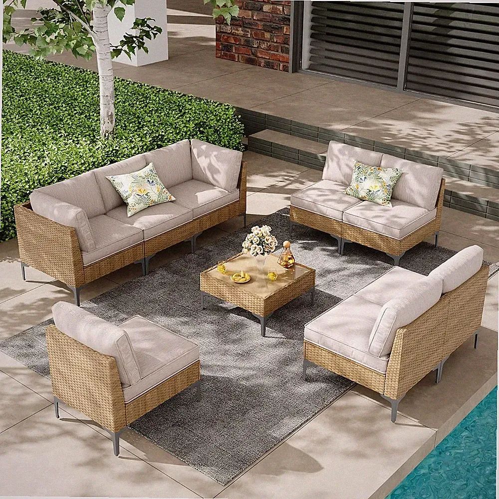 9-Piece Outdoor Patio Furniture Set,Rattan Conversation Sectional Sofa W/Coffee