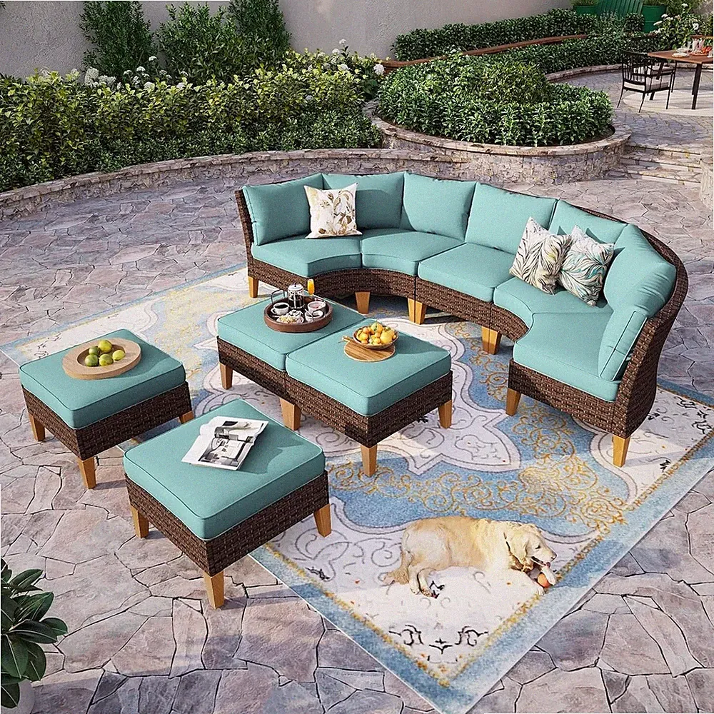 9 Piece Outdoor Patio Furniture Sets Sectional Sofa Rattan Chair Wicker Set Blue
