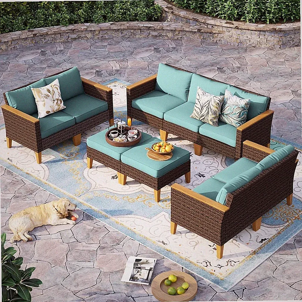 9 Piece Outdoor Patio Furniture Sets Sectional Sofa Rattan Chair Wicker Set Blue