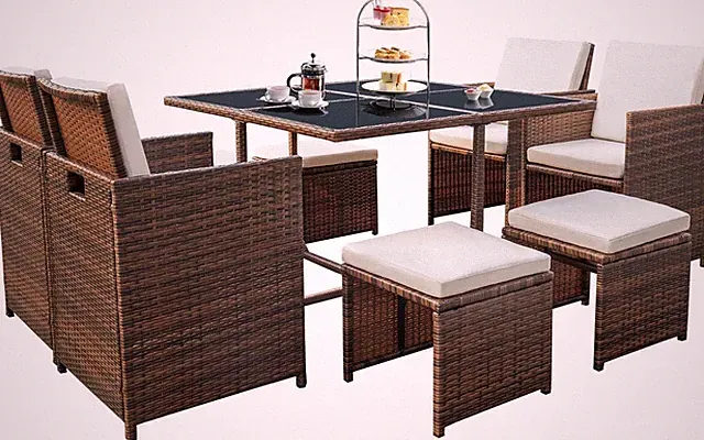 9-Piece Outdoor Rattan Dining Set with Cushioned Chairs & Glass Table - Beige