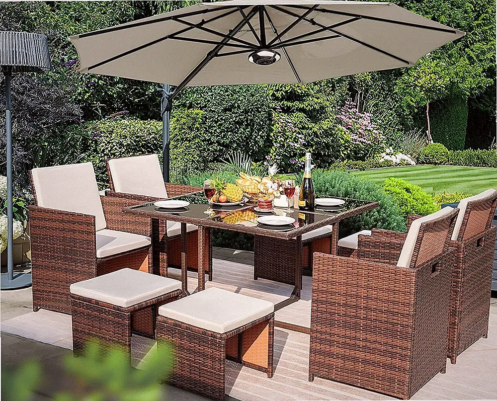 9-Piece Outdoor Wicker Patio Furniture Set with Cushions & Glass Table