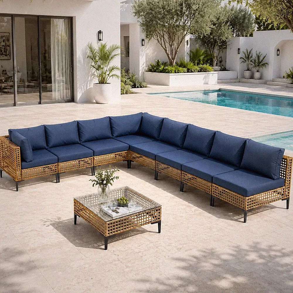 9 Piece Outdoor Wicker Patio Sectional Furniture Set, Dark Blue | All Weather Pe