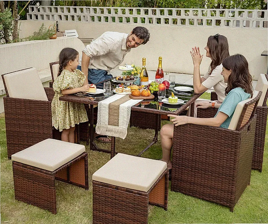 9 Piece Patio Dining Sectional Conversation Set Outdoor Rattan Chair Glass Table