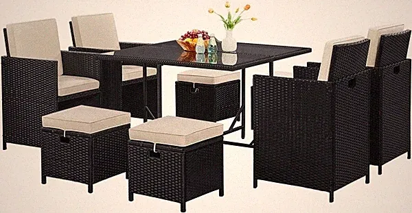 9-Piece Patio Dining Sets Outdoor Space Saving Rattan Chairs with Glass Table