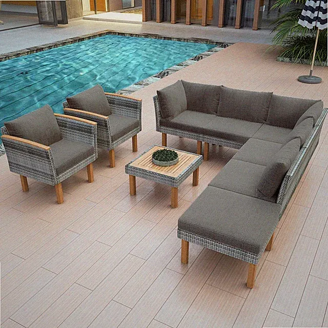9-Piece Patio Furniture Set, Gray PE Rattan Sectional Sofa w/ Table