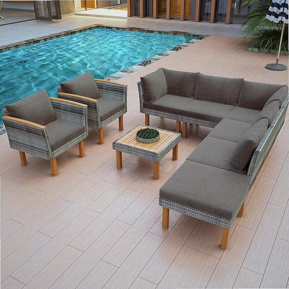 9-Piece Patio Set, Outdoor Sectional Sofa with Acacia Table & Gray Cushions