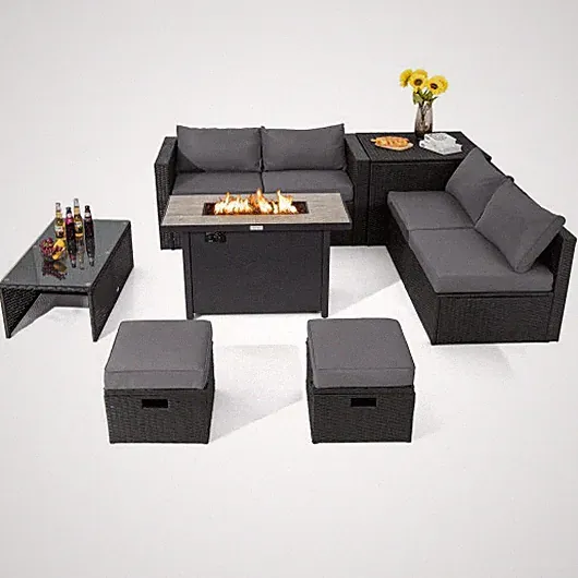 9 Pieces Outdoor PE Rattan Wicker Sectional Sofa with 42 Inch 60 000 BTU Gas