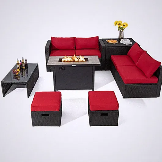9 Pieces Outdoor PE Rattan Wicker Sectional Sofa with 42 Inch 60 000 BTU Gas Fir