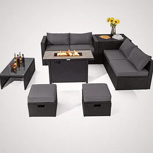 9 Pieces Outdoor PE Rattan Wicker Sectional Sofa with 42 Inch 60 000 BTU Gas Fir