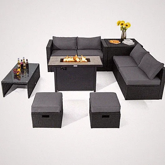 9 Pieces Outdoor PE Rattan Wicker Sectional Sofa with 42 Inch 60 000 BTU Gas Fir