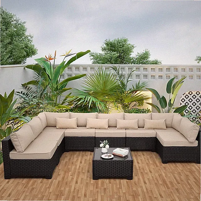 9 Pieces Outdoor Sectional All-Weather Wicker Patio Furniture Set Patio Sectiona