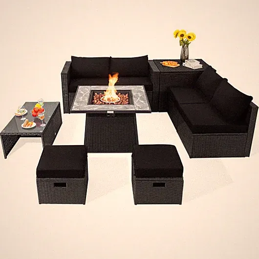 9 Pieces Outdoor Wicker Sectional with 35 Inch Gas Fire Pit Table-Black - Color