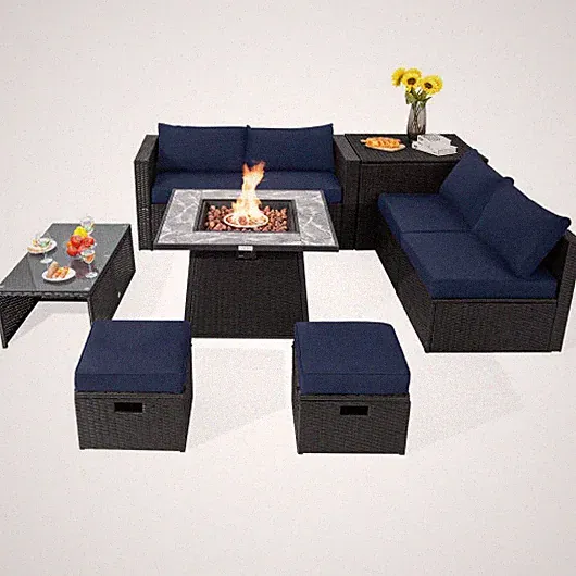 9 Pieces Outdoor Wicker Sectional with 35 Inch Gas Fire Pit Table-Navy - Color