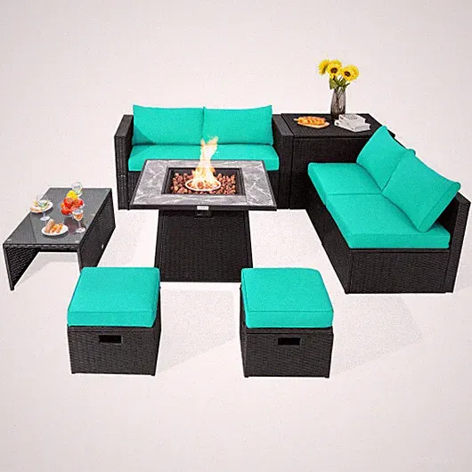 9 Pieces Outdoor Wicker Sectional with 35 Inch Gas Fire Pit Table-Turquoise - Co