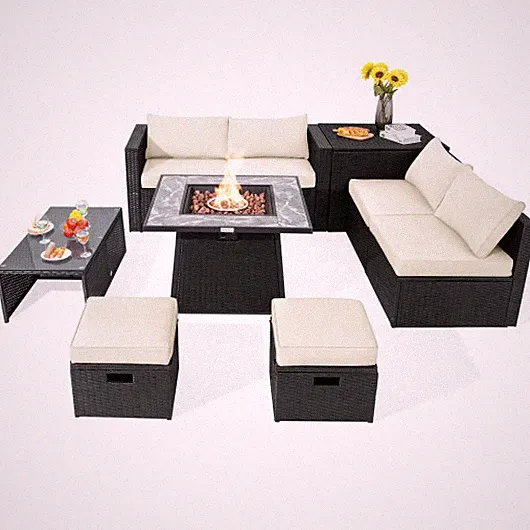 9 Pieces Outdoor Wicker Sectional with 35 Inch Gas Fire Pit Table-White - Color