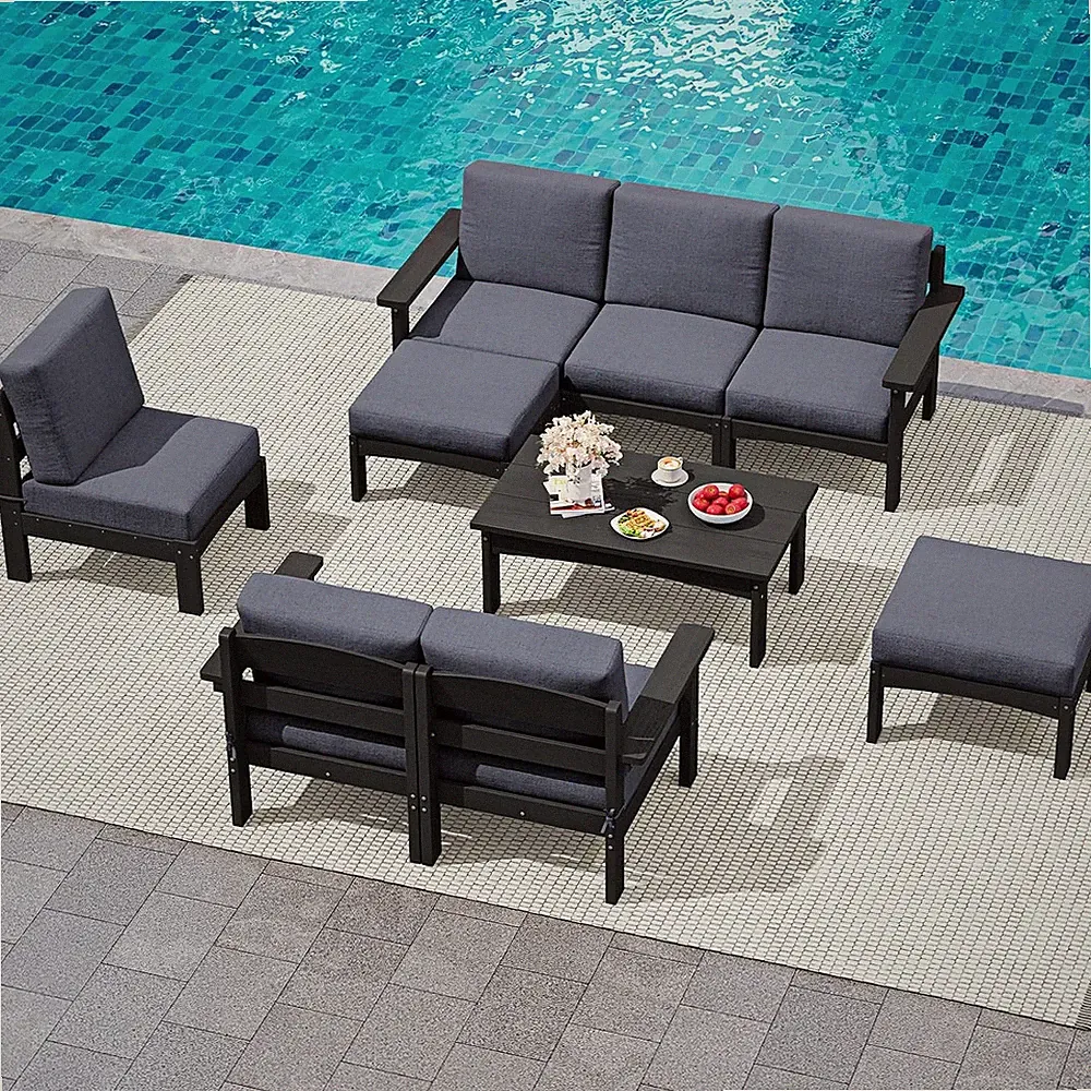 9 Pieces Patio Furniture Set, HDPE Outdoor Sectional Sofas, Black