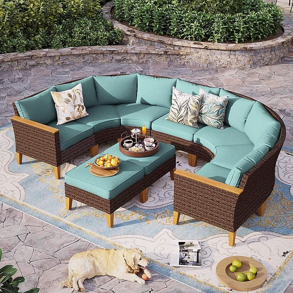 9-Pieces Patio Furniture Set Outdoor Sectional Sofa Rattan Wicker Sofa Half-Moon