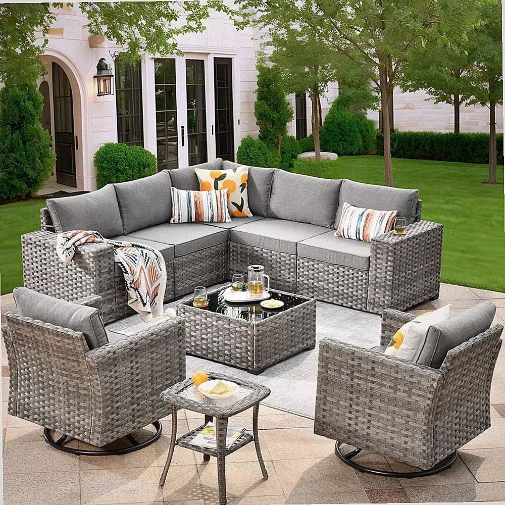 9 Pieces Patio Furniture Set, Outdoor Wicker Sectional Sofa Couch with 2 Swivel
