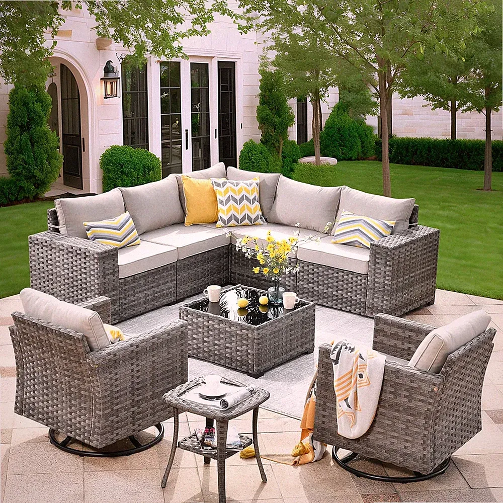 9 Pieces Patio Furniture Set, Outdoor Wicker Sectional Sofa with 2 Swivel Chairs