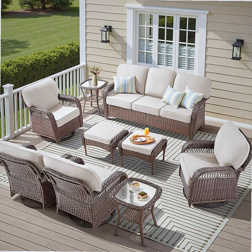 9 Pieces Patio Furniture Set Swivel Chairs, Rattan 3 Seater Sofa with Ottomans W