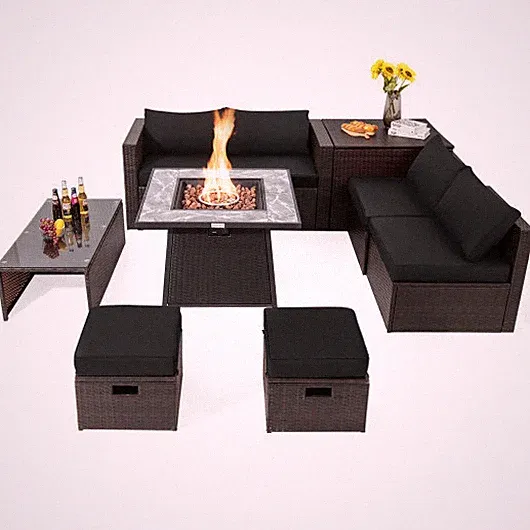 9 Pieces Patio PE Wicker Sectional Set with 50000 BTU Fire Pit Table-Black - Col