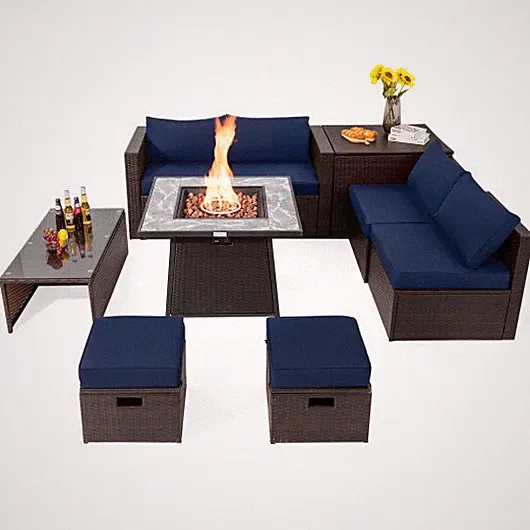 9 Pieces Patio PE Wicker Sectional Set with 50000 BTU Fire Pit Table-Navy - Colo