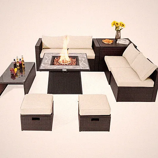 9 Pieces Patio PE Wicker Sectional Set with 50000 BTU Fire Pit Table-Off White