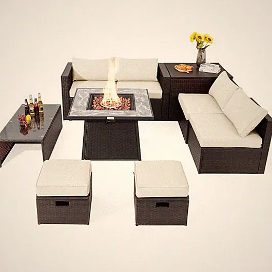 9 Pieces Patio PE Wicker Sectional Set with 50000 BTU Fire Pit Table-Off White