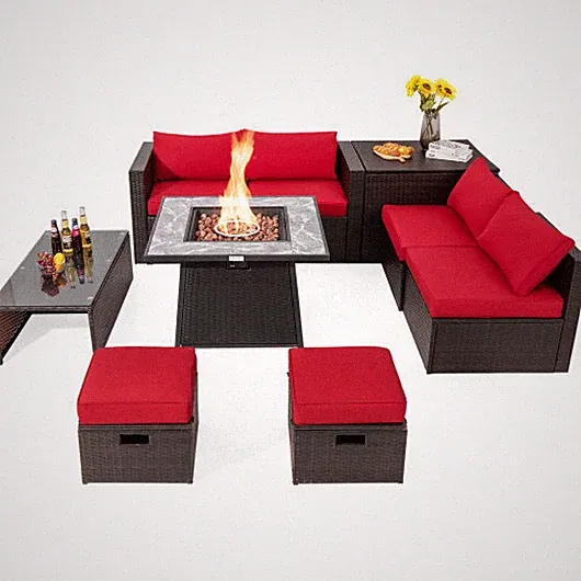 9 Pieces Patio PE Wicker Sectional Set with 50000 BTU Fire Pit Table-Red - Color