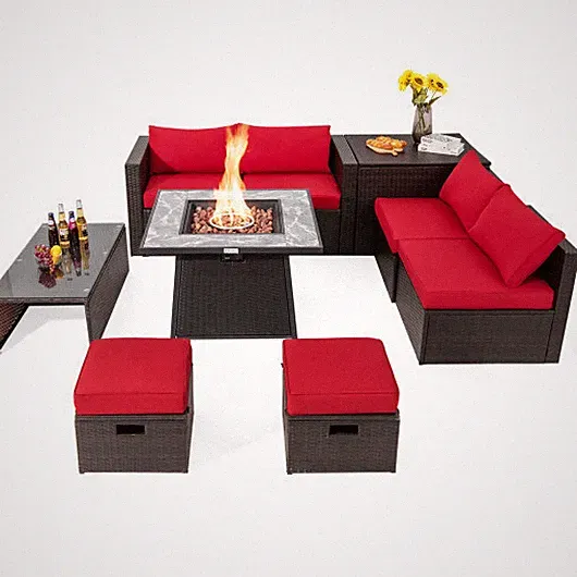 9 Pieces Patio PE Wicker Sectional Set with 50000 BTU Fire Pit Table-Red - Color