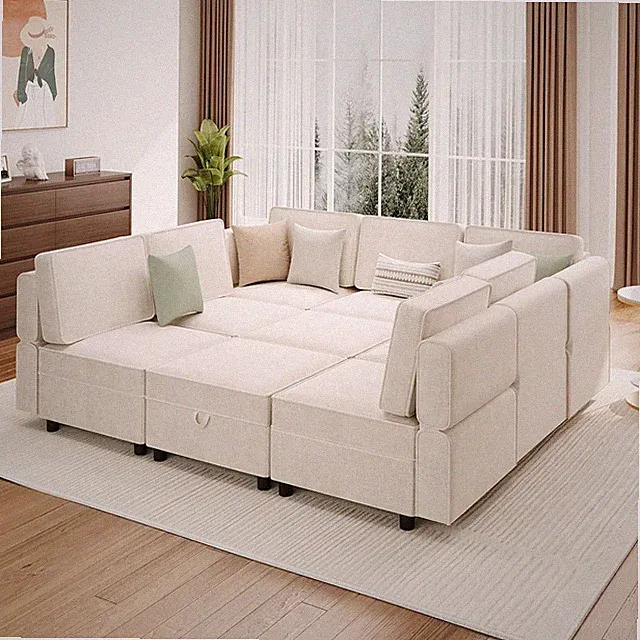 9-Seat L-Shaped Modular Sofa with Storage Ottoman - Beige