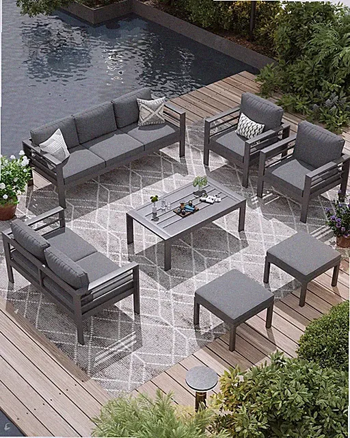 9 Seats Patio Furniture Set, Aluminum Modern Outdoor Furniture with Coffee Table