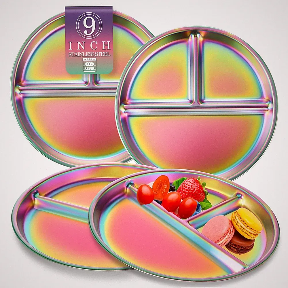 9" Stainless Steel Toddler Plates Set of 4, Divided Plate for Kids & Baby, No...