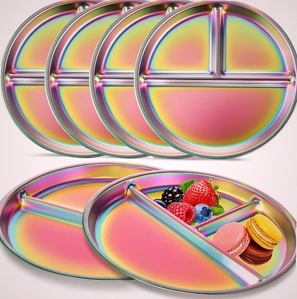 9" Stainless Steel Toddler Plates Set of 6, Divided Plate for Kids & Baby, Non