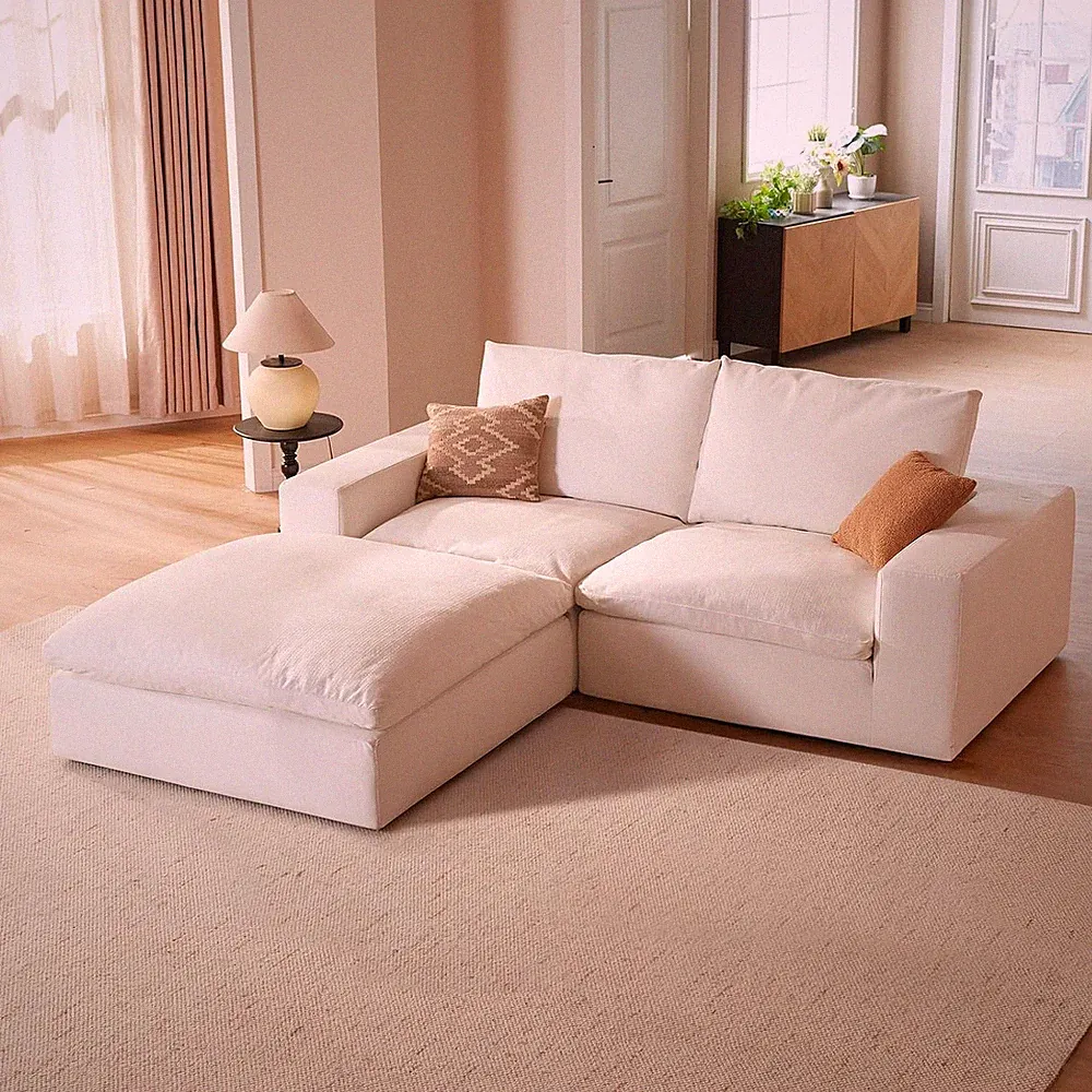 90" Cloud Couch Loveseat with Ottoman - Ultra Deep Modular Sofa, White