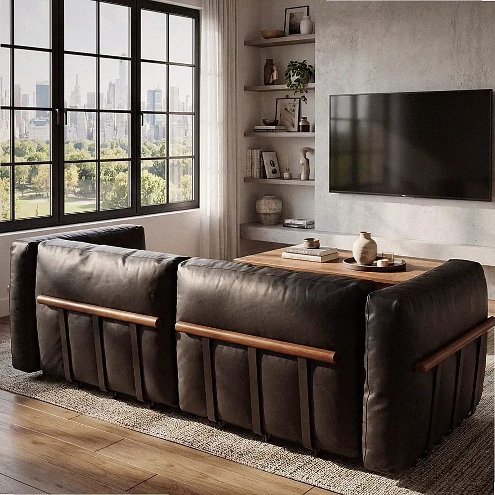 90" Leather Modular Sectional Loveseat Sofa Wood Frame Black Pillows