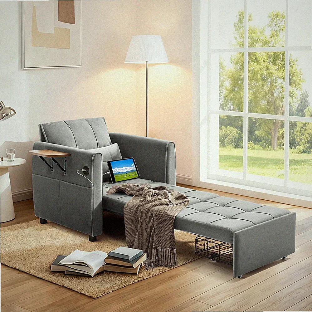 90" Pull Out Chair Bed For Adults With Wing Table , USB Charging & Storage