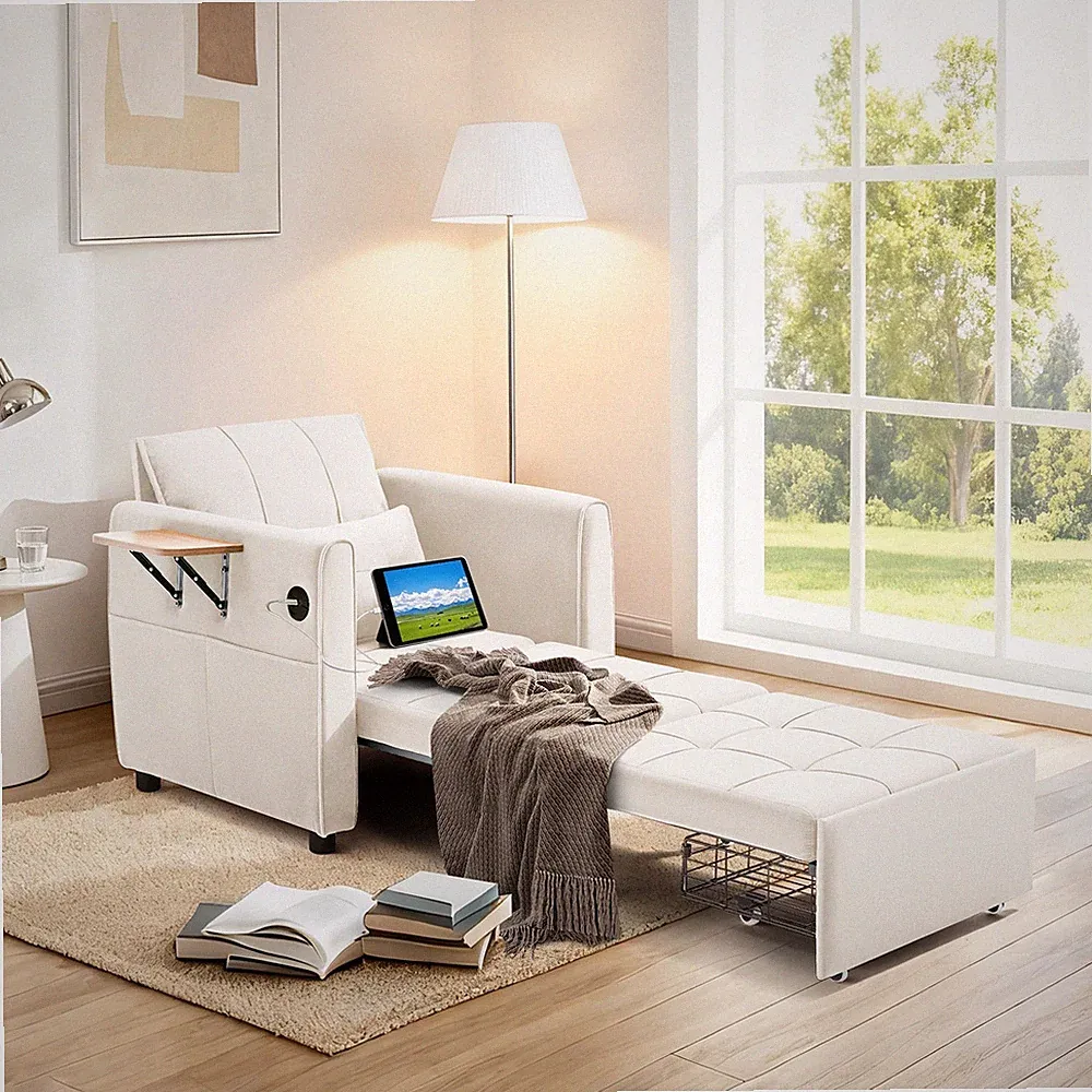 90" Pull Out Chair Bed For Adults With Wing Table , USB Charging & Storage