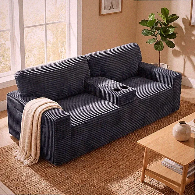 91.7" No-Leg Compression Sofa,Plush Corduroy w/Built-in Cup Holders and Side S