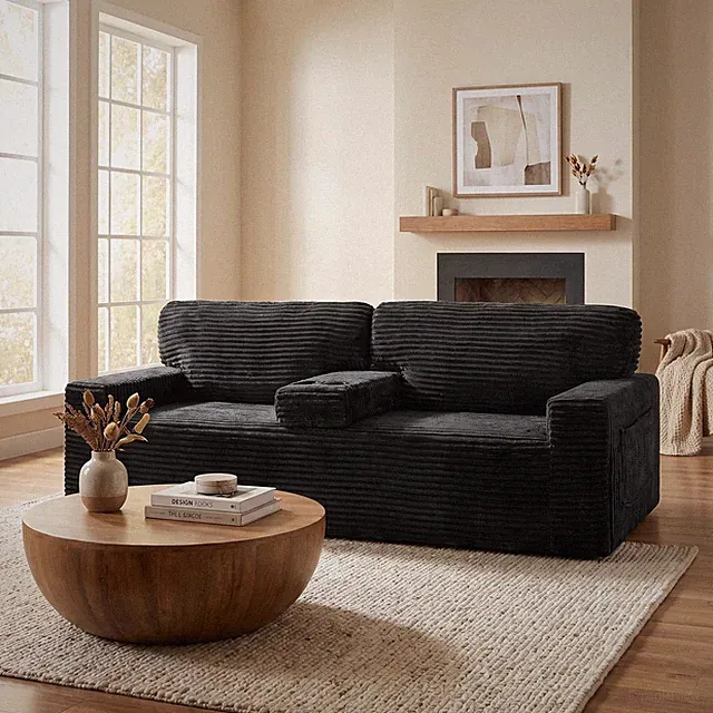 91.7" No-Leg Compression Sofa,Plush Corduroy w/Built-in Cup Holders and Side St