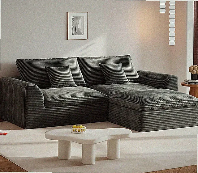 91" L-Shape Modular Sofa with Ottoman & Pillows - Comfy Grey Flannel Couch