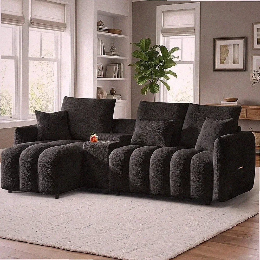 91" L Shape Sectional Sofa Deep Seat Teddy Fabric Couch w/ Storage