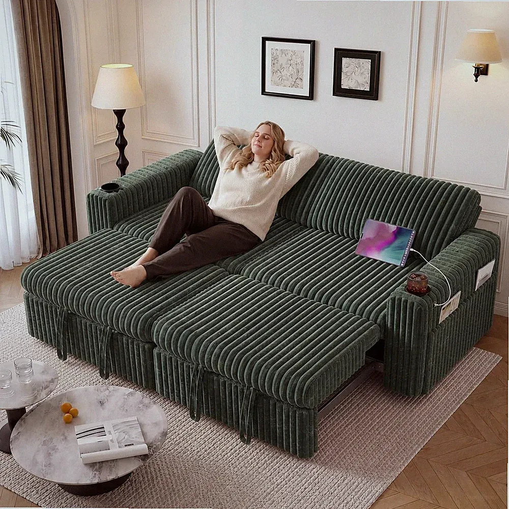 91" Sectional Sleeper Sofa with Pull Out Bed,5-Level Adjustable Backrest,3 Seat