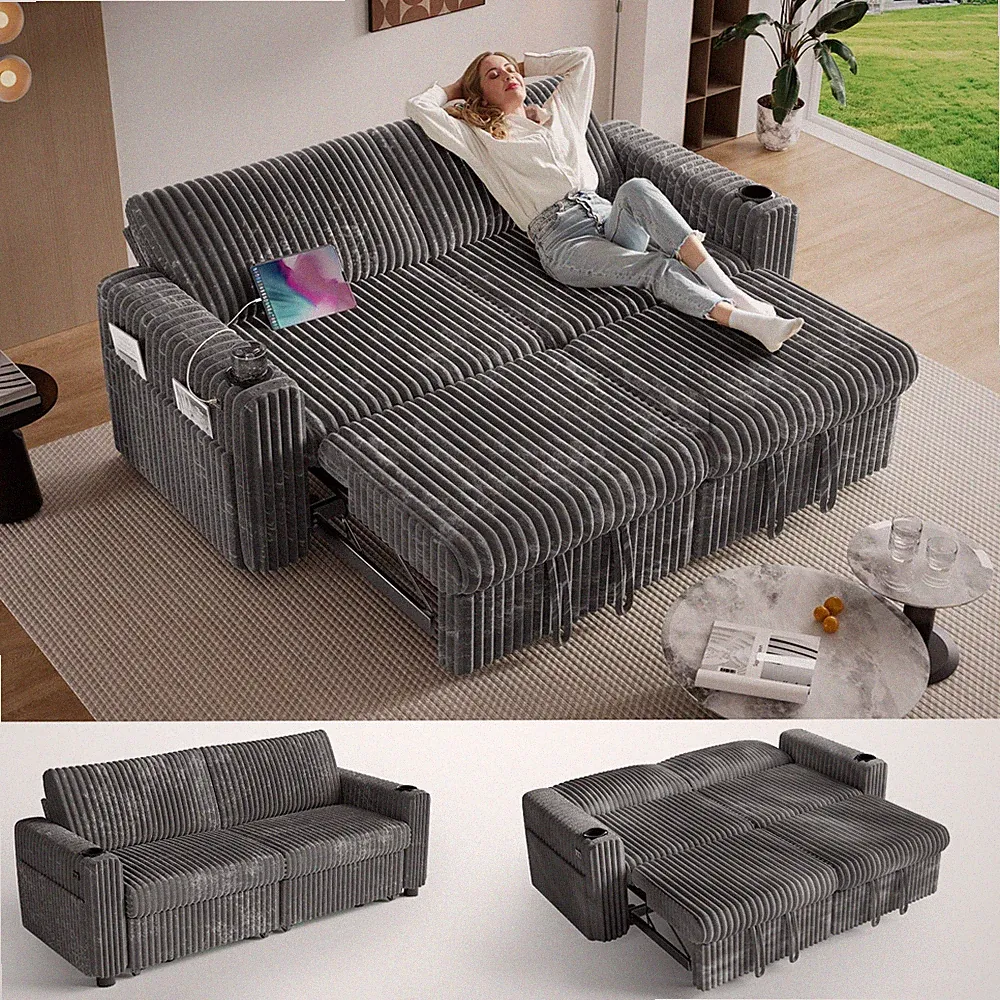 91" Sectional Sleeper Sofa with Pull Out Bed,5-Level Adjustable Backrest,3 Seat