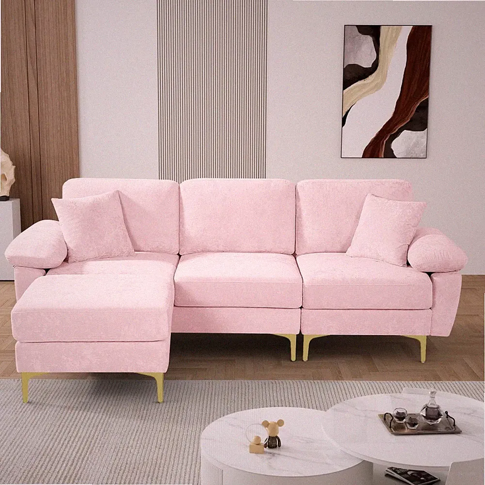 91" Velvet L-Shaped Sectional Sofa Couch Upholstered Sofa with Removable Ottoman