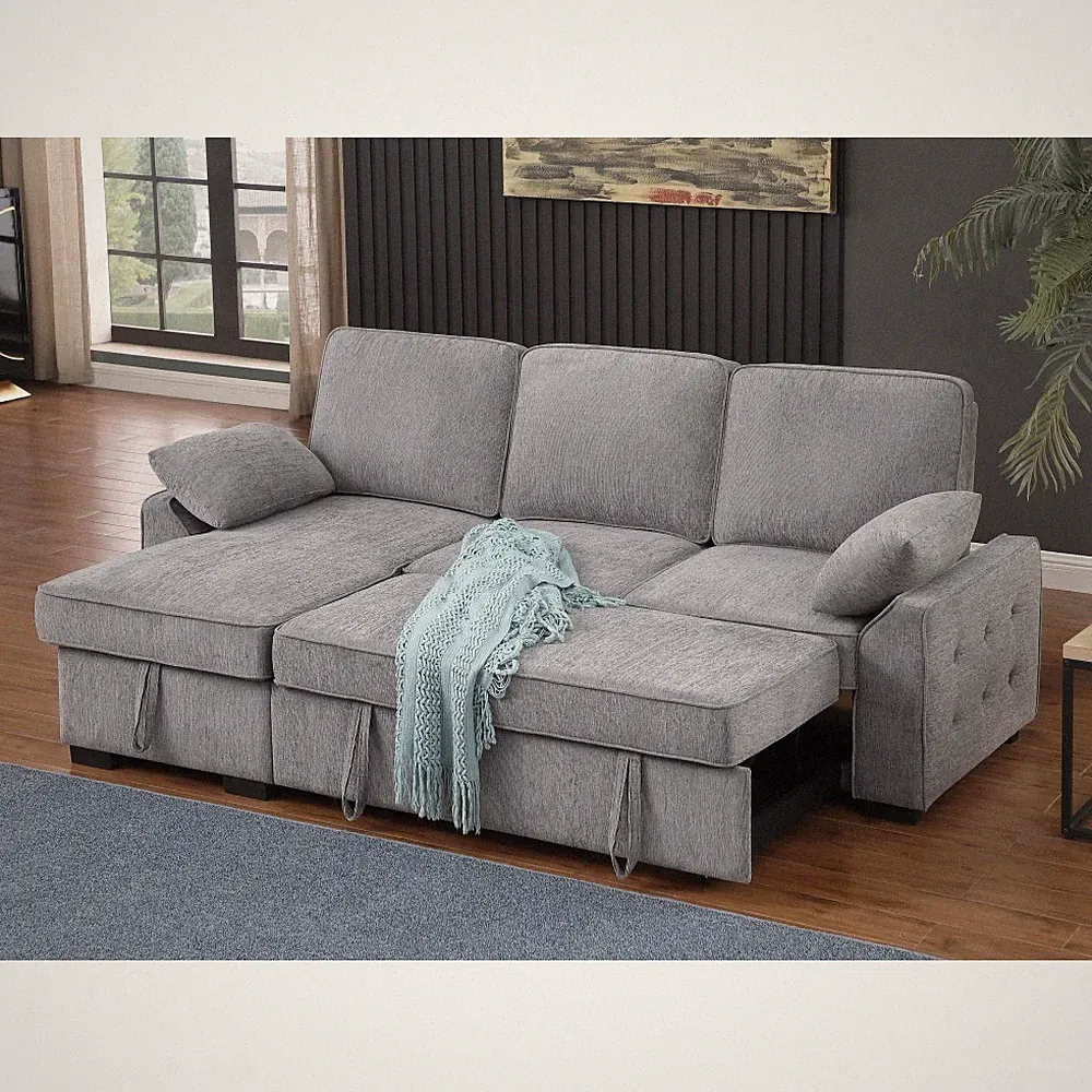 91"W Reversible Sleeper Sectional Chenille Storage Chaise & Table Light Gray