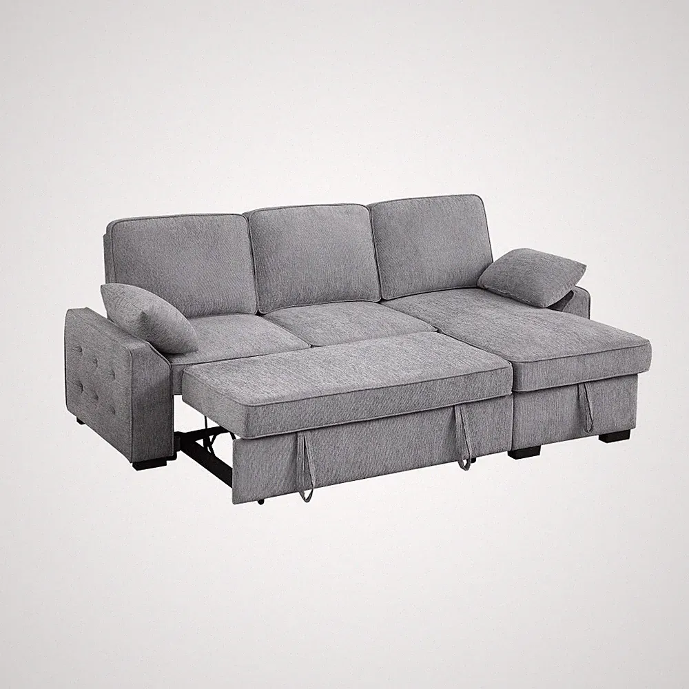 91"W Reversible Sleeper Sectional | Light Gray Chenille | Storage Chaise & Table