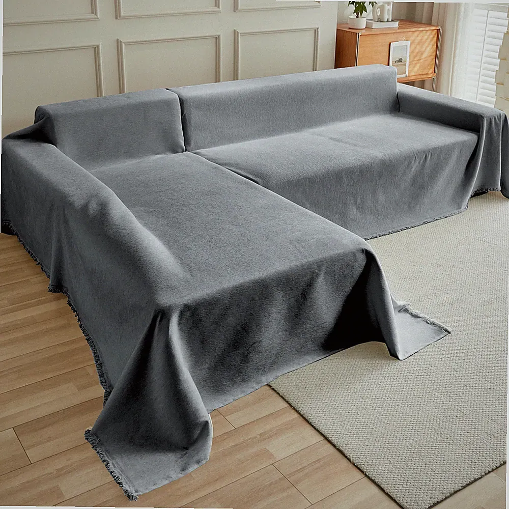 91" Wide Sectional Sofa Couch Cover 2Pcs Chenille L Shaped Slipcover w/ Tassel