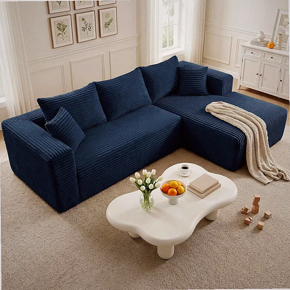92.5''L-Shaped Cloud Modular Sectional Sofa,Corduroy Memory Foam Couch,Navy Blue